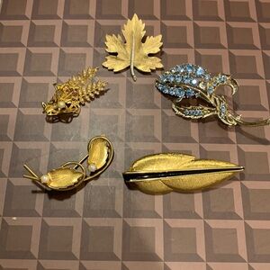 Five Leaf Broches - gold tone rhinestone pearl - one signed Monet
